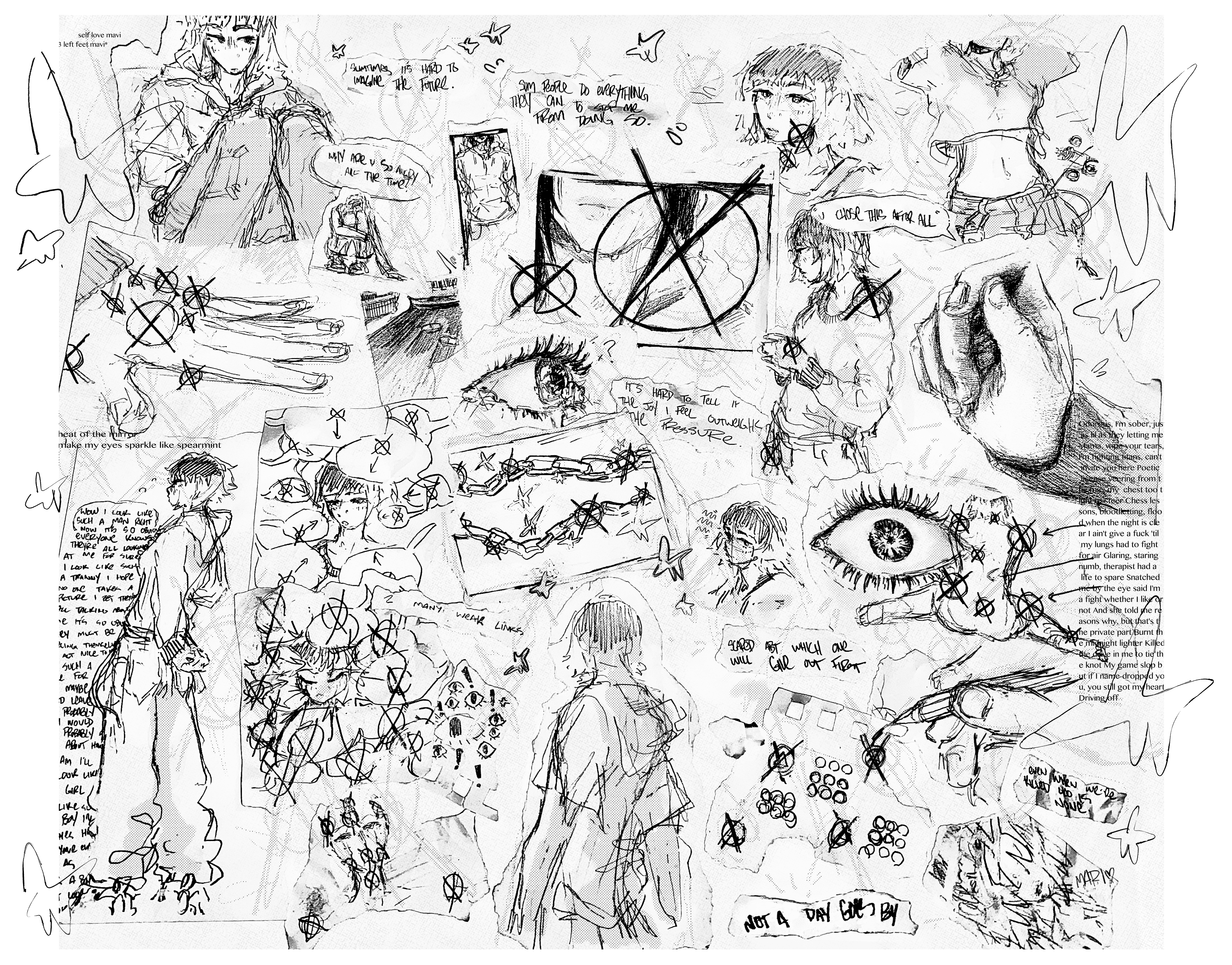 a collage of various sketches, all really loose with very slight light gray shading and writing related to gender dysphoria